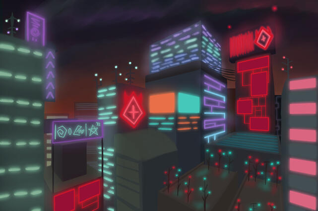 Another colour study I did for the same city, now cyberpunkian and dystopic, during the evening.